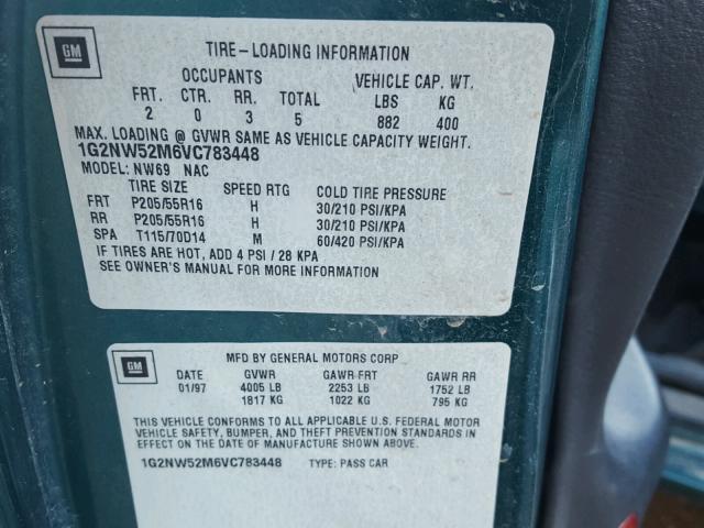 1G2NW52M6VC783448 - 1997 PONTIAC GRAND AM G GREEN photo 10