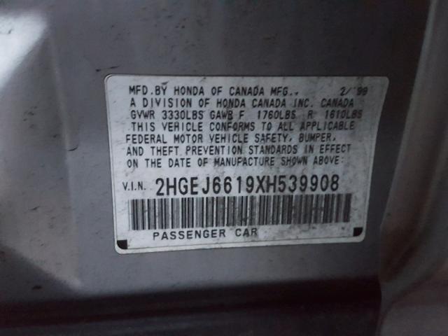 2HGEJ6619XH539908 - 1999 HONDA CIVIC BASE SILVER photo 10