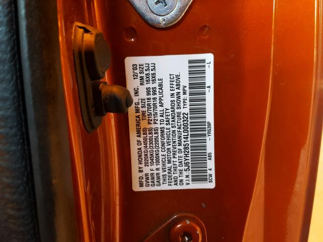 5J6YH28514L000322 - 2004 HONDA ELEMENT EX ORANGE photo 10