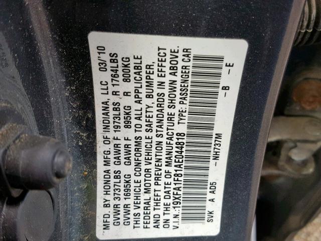 19XFA1F81AE044818 - 2010 HONDA CIVIC EX GRAY photo 10