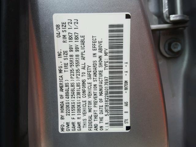 5J8TB18228A017697 - 2008 ACURA RDX SILVER photo 10