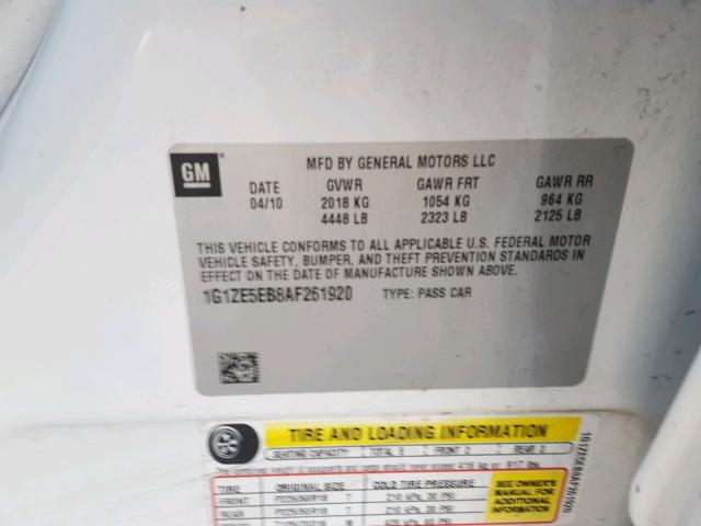 1G1ZE5EB8AF261920 - 2010 CHEVROLET MALIBU LTZ 白色 照片 10