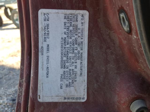 4T1SV21E6KU092206 - 1989 TOYOTA CAMRY DLX 红色 照片 10