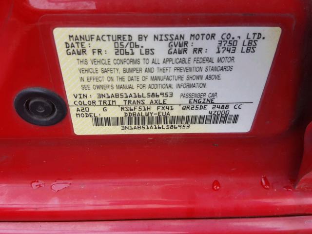 3N1AB51A16L586953 - 2006 NISSAN SENTRA SE- RED photo 10