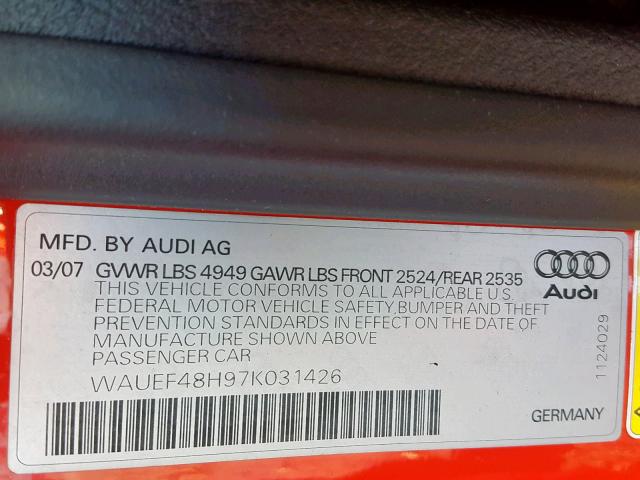 WAUEF48H97K031426 - 2007 AUDI A4 S-LINE RED photo 10