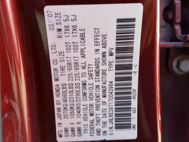 JHLRE38717C043964 - 2007 HONDA CR-V EXL RED photo 10