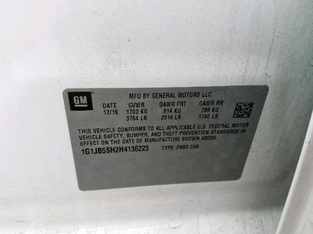 1G1JB5SH2H4136223 - 2017 CHEVROLET SONIC LS WHITE photo 10