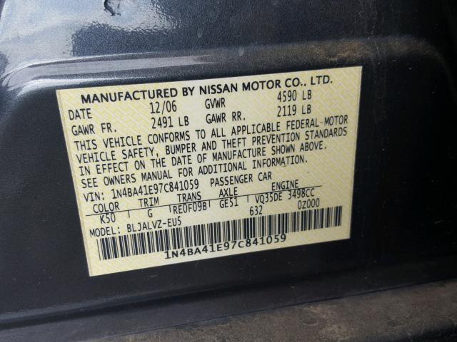 1N4BA41E97C841059 - 2007 NISSAN MAXIMA SE BLACK photo 10