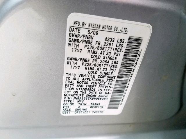 JN8AS58TX9W056293 - 2009 NISSAN ROGUE S SILVER photo 10