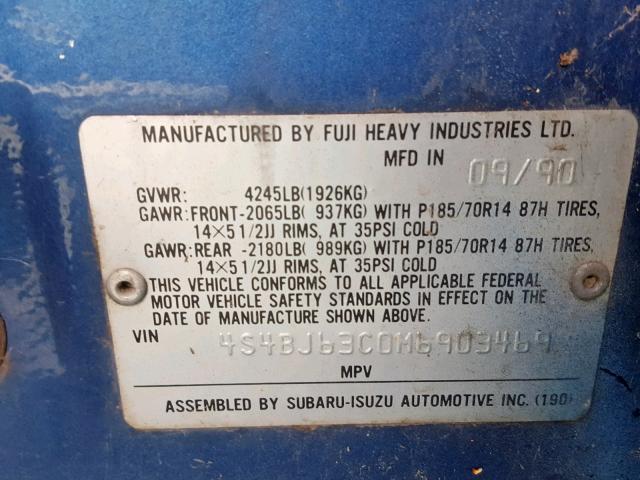 4S4BJ63C0M6903469 - 1991 SUBARU LEGACY L BLUE photo 10