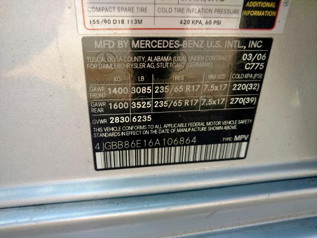 4JGBB86E16A106864 - 2006 MERCEDES-BENZ ML 350 SILVER photo 10