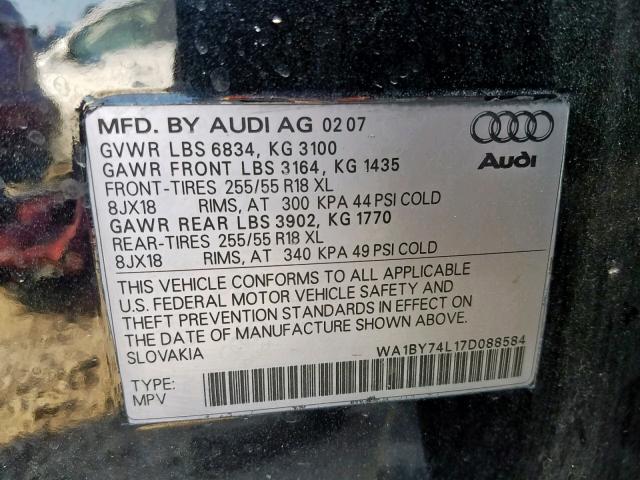 WA1BY74L17D088584 - 2007 AUDI Q7 3.6 QUA SILVER photo 10