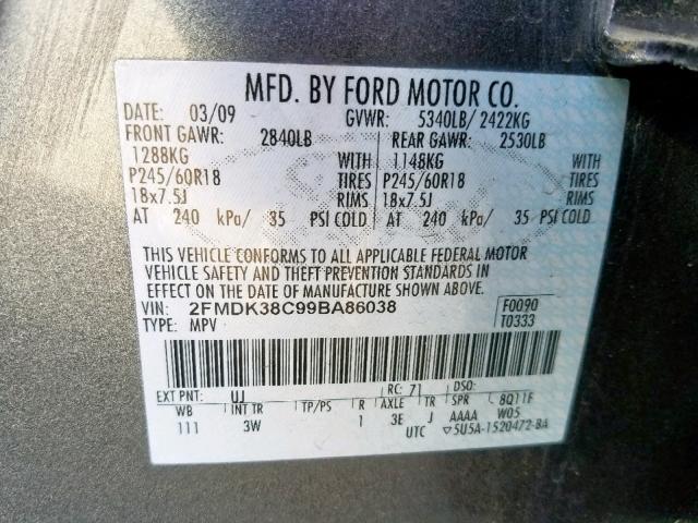 2FMDK38C99BA86038 - 2009 FORD EDGE SEL GRAY photo 10