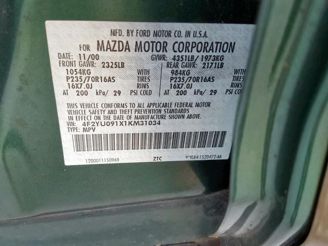 4F2YU091X1KM31034 - 2001 MAZDA TRIBUTE LX GREEN photo 10