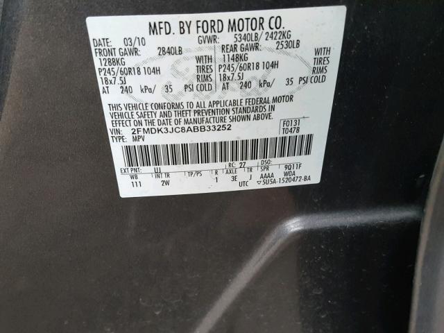 2FMDK3JC8ABB33252 - 2010 FORD EDGE SEL CHARCOAL photo 10