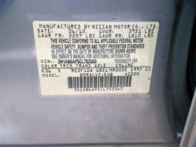 3N1AB6AP5CL752560 - 2012 NISSAN SENTRA 2.0 GRAY photo 10