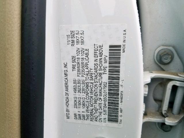 5J8TB4H55GL017952 - 2016 ACURA RDX TECHNO WHITE photo 10