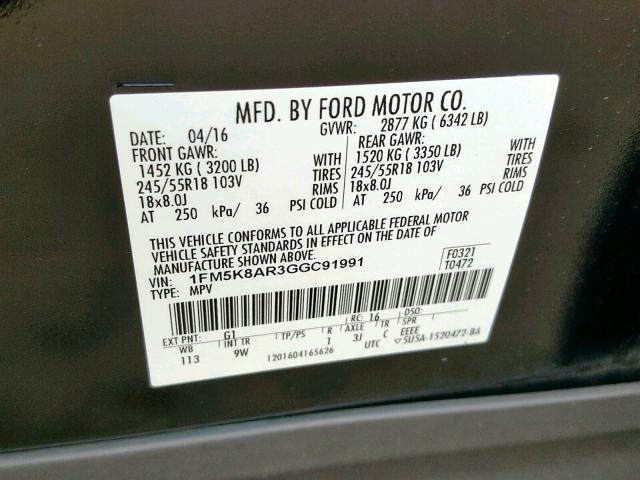 1FM5K8AR3GGC91991 - 2016 FORD EXPLORER P BLACK photo 10