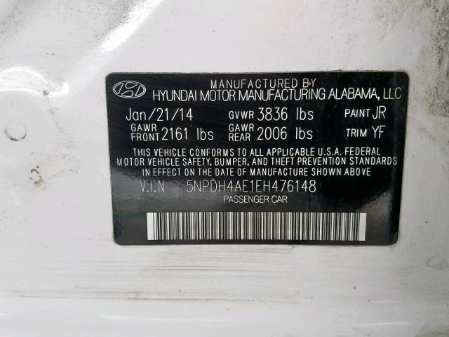 5NPDH4AE1EH476148 - 2014 HYUNDAI ELANTRA SE WHITE photo 10