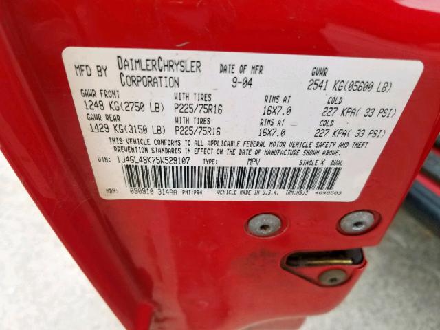 1J4GL48K75W529107 - 2005 JEEP LIBERTY SP RED photo 10