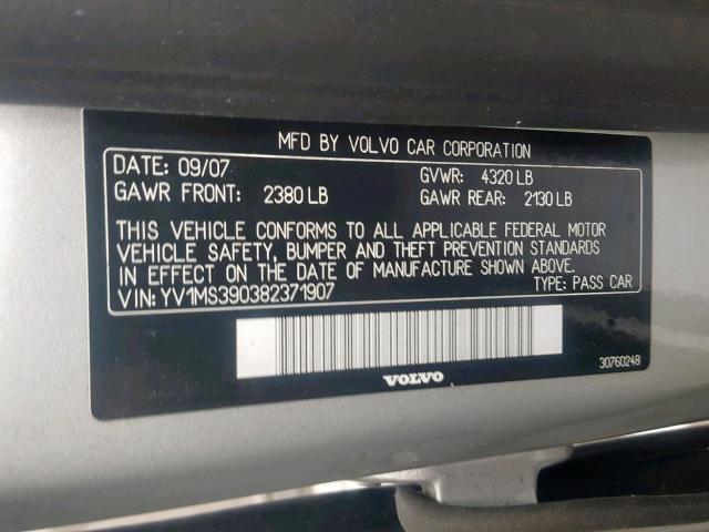 YV1MS390382371907 - 2008 VOLVO S40 2.4I SILVER photo 10