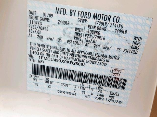 1FMCU493X9KB26093 - 2009 FORD ESCAPE HYB WHITE photo 10