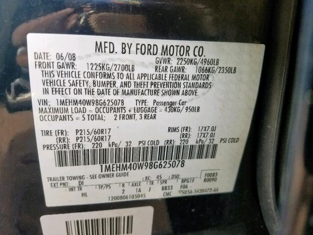 1MEHM40W98G625078 - 2008 MERCURY SABLE LUXU BLACK photo 10