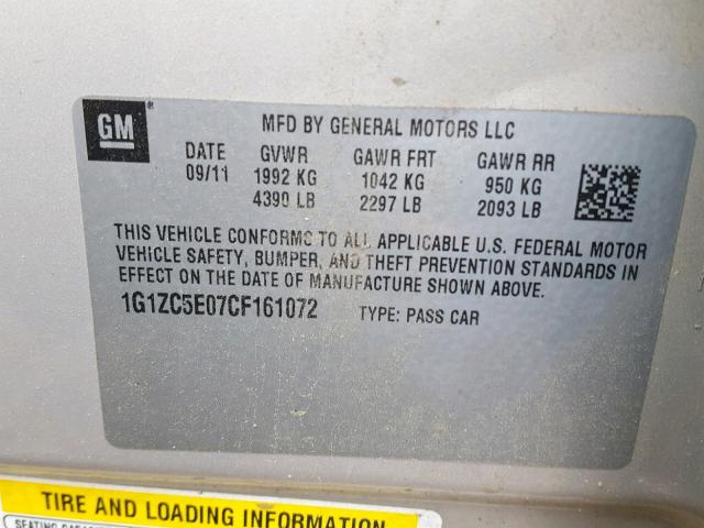 1G1ZC5E07CF161072 - 2012 CHEVROLET MALIBU 1LT BEIGE photo 10