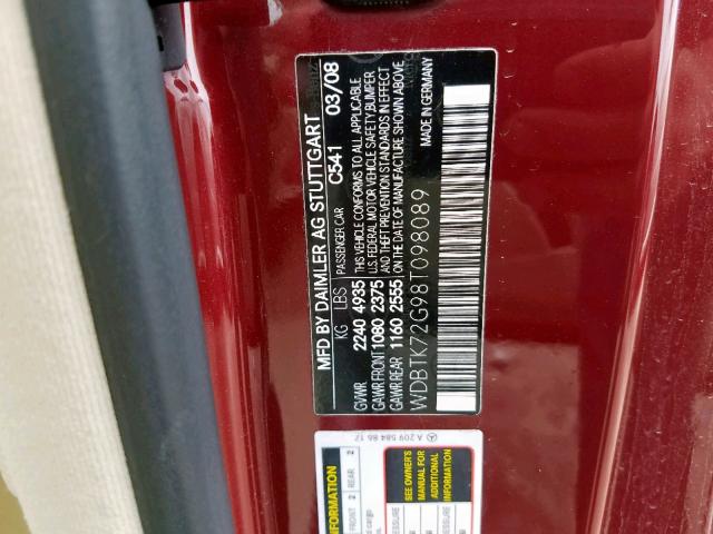 WDBTK72G98T098089 - 2008 MERCEDES-BENZ CLK 550 RED photo 10