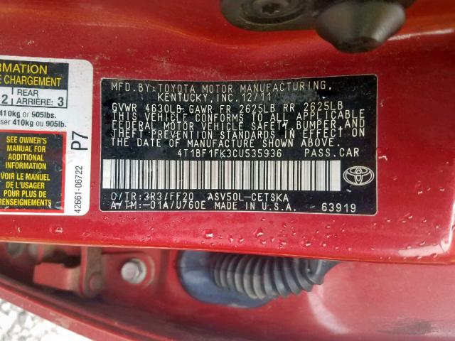 4T1BF1FK3CU535936 - 2012 TOYOTA CAMRY BASE RED photo 10