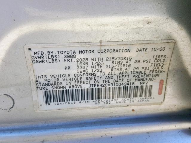 JTEHH20V310049418 - 2001 TOYOTA RAV4 SILVER photo 10