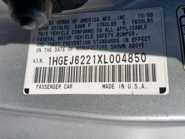 1HGEJ6221XL004850 - 1999 HONDA CIVIC DX SILVER photo 10