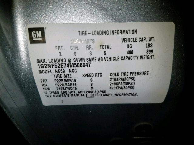 1G2NF52E74M508947 - 2004 PONTIAC GRAND AM S SILVER photo 10