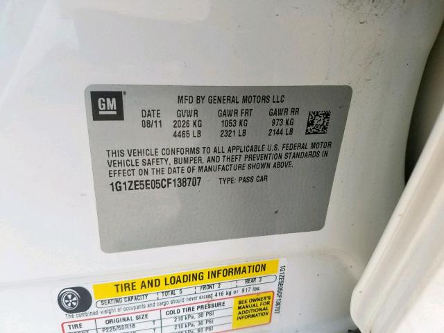 1G1ZE5E05CF138707 - 2012 CHEVROLET MALIBU LTZ თეთრი ფოტო 10