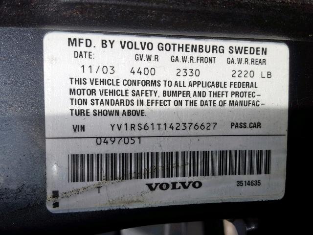 YV1RS61T142376627 - 2004 VOLVO S60 GRAY photo 10