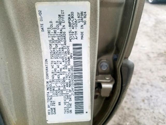 JTJHF10UX20261260 - 2002 LEXUS RX 300 TAN photo 10