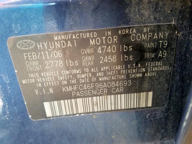 KMHFC46F96A084693 - 2006 HYUNDAI AZERA SE BLUE photo 10