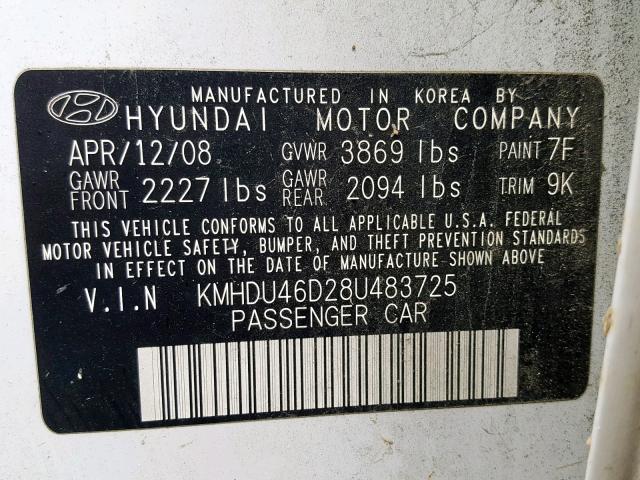 KMHDU46D28U483725 - 2008 HYUNDAI ELANTRA GL WHITE photo 10