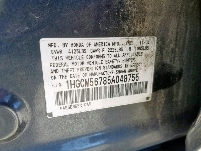 1HGCM56785A048755 - 2005 HONDA ACCORD EX CHARCOAL photo 10