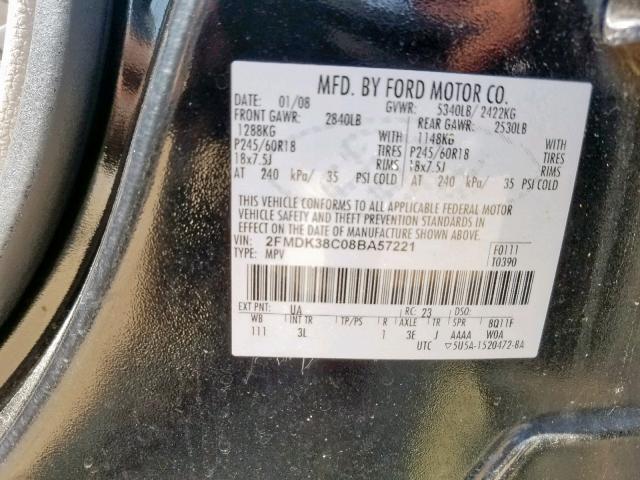 2FMDK38C08BA57221 - 2008 FORD EDGE SEL BLACK photo 10