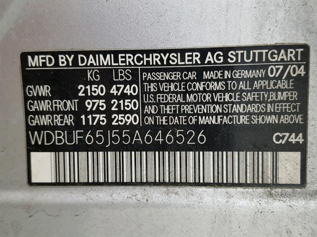 WDBUF65J55A646526 - 2005 MERCEDES-BENZ E 320 SILVER photo 10