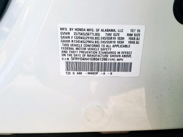 5FRYD4H41GB041396 - 2016 ACURA MDX TECHNO WHITE photo 10