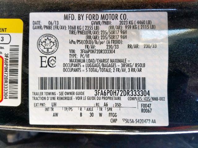 3FA6P0H72DR333304 - 2013 FORD FUSION SE  photo 10