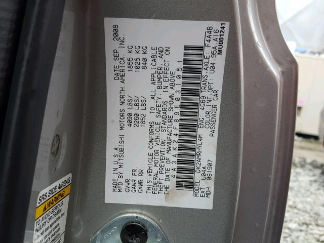 4A3AK24F89E031051 - 2009 MITSUBISHI ECLIPSE GS SILVER photo 10