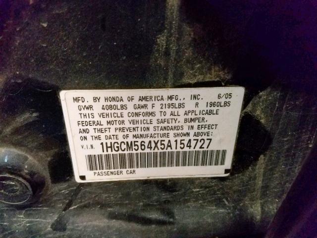 1HGCM564X5A154727 - 2005 HONDA ACCORD LX GRAY photo 10