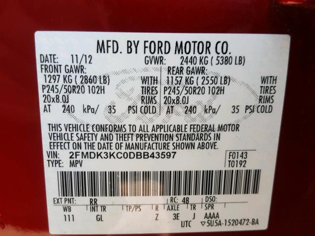 2FMDK3KC0DBB43597 - 2013 FORD EDGE LIMIT MAROON photo 10