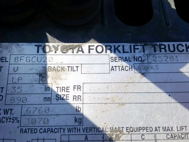 8FGCU2025281 - 2009 TOYOTA FORKLIFT ORANGE photo 10