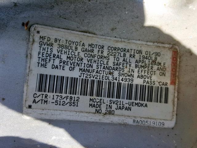 JT2SV21E0L3414939 - 1990 TOYOTA CAMRY DLX 银色 照片 10