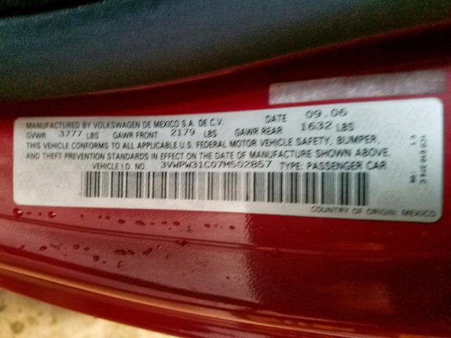 3VWPW31C07M502857 - 2007 VOLKSWAGEN NEW BEETLE წითელი ფოტო 10