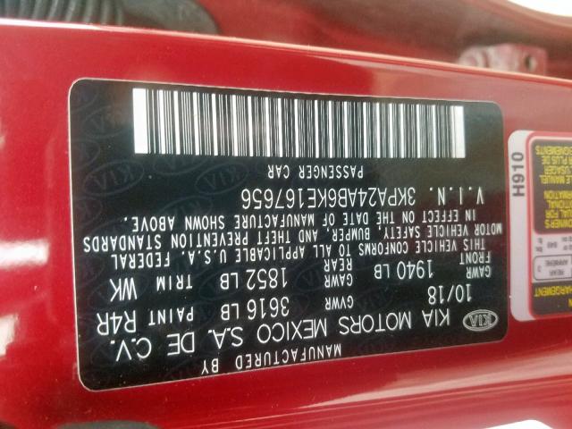 3KPA24AB6KE167656 - 2019 KIA RIO S RED photo 10